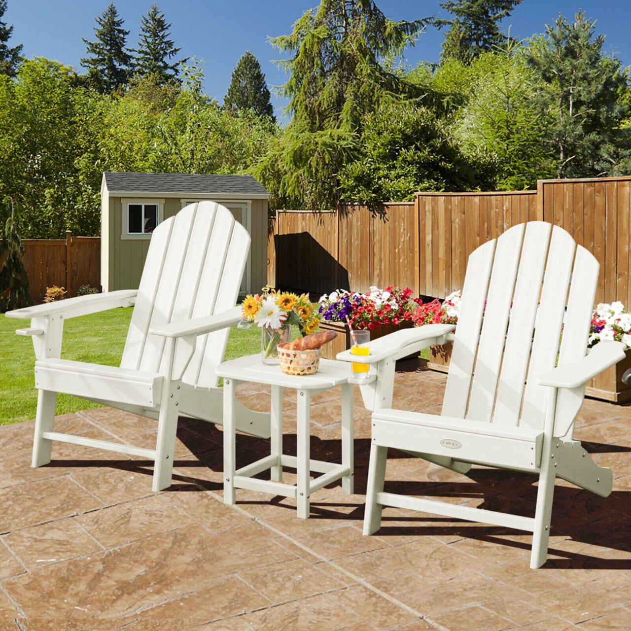 3Pcs Patio Adirondack Chair And Side Table Set Weather Resistant W/ Cup Holder